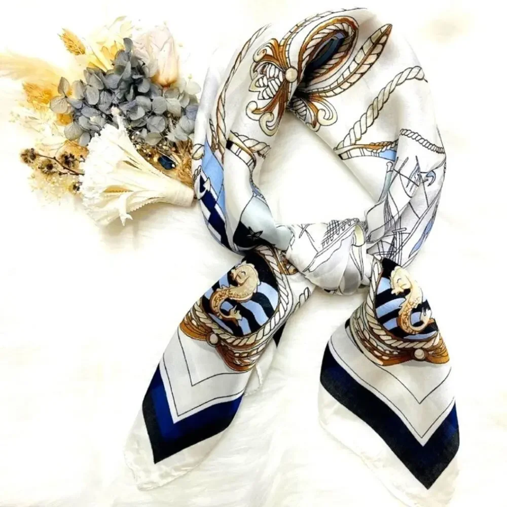 Ladies's Mulberry Silky Scarf Classic Marine Print Blue & White